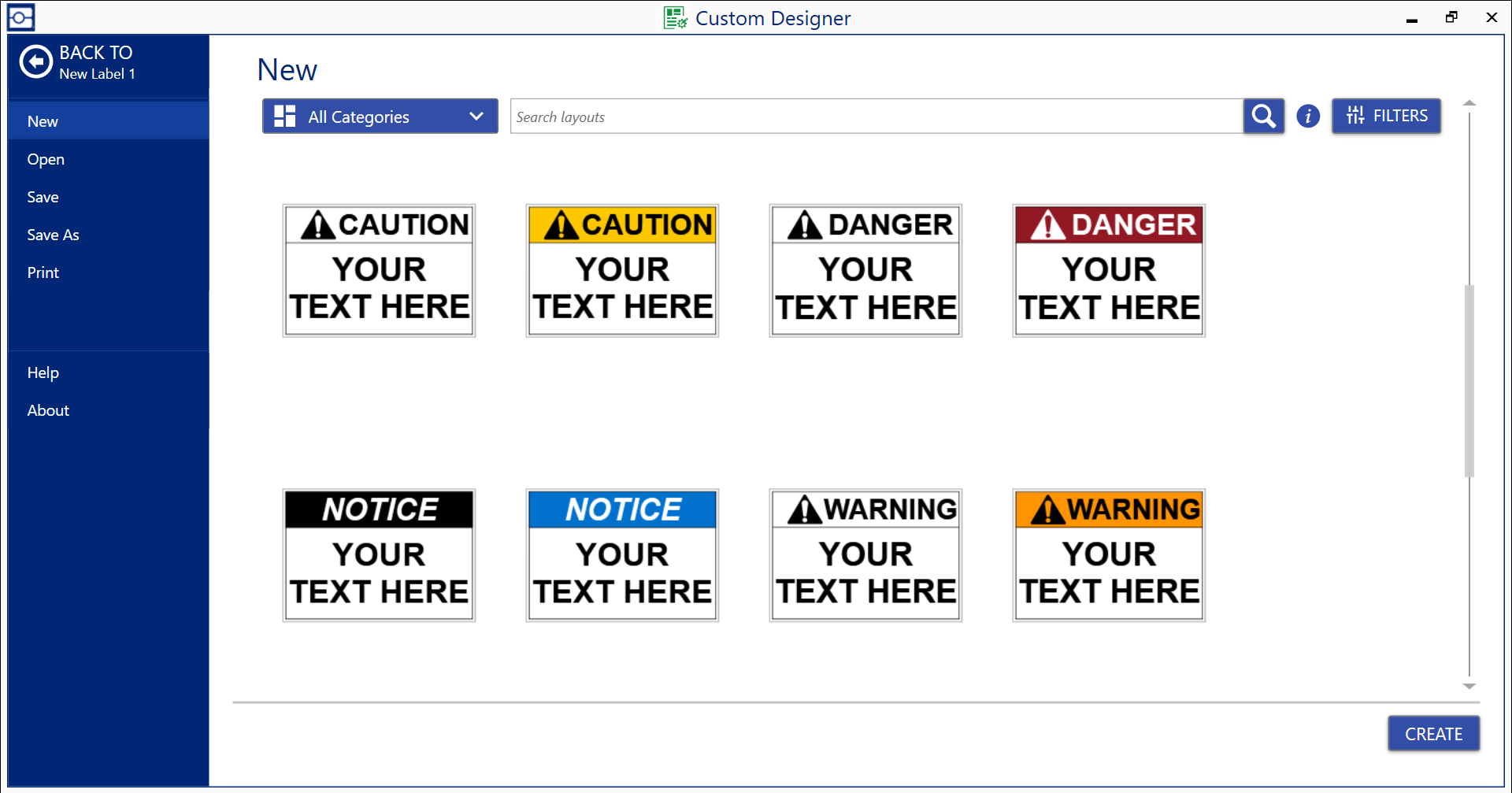 Start your label with premade layouts