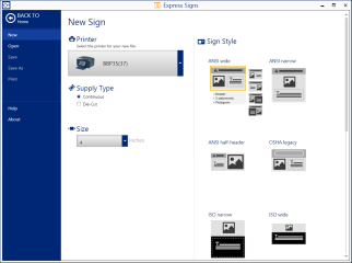Select printer, size, and sign style